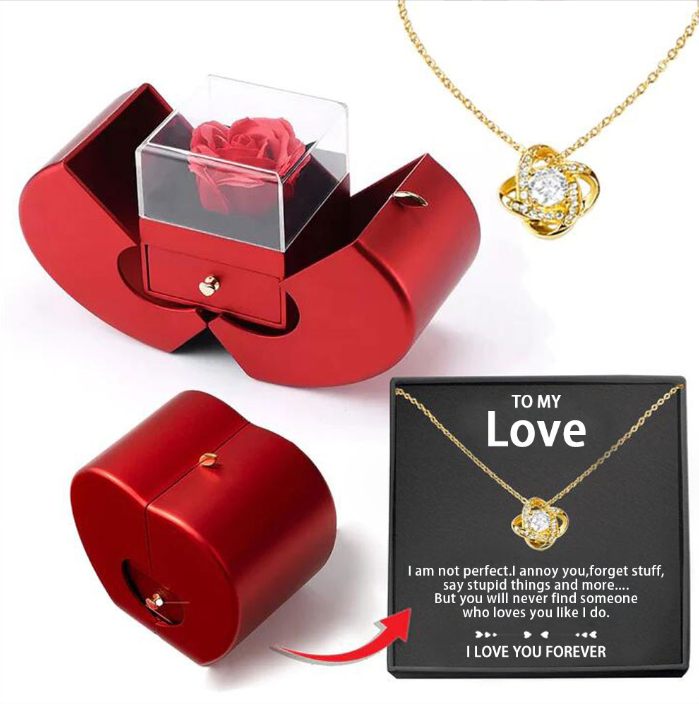 Fashion Jewelry Box Red Apple Christmas Gift Necklace Eternal Rose For Girl Mother's Day Valentine's Day Gifts With Artificial Flower Rose Flower Jewelry Box – LOVER necklace gold card box