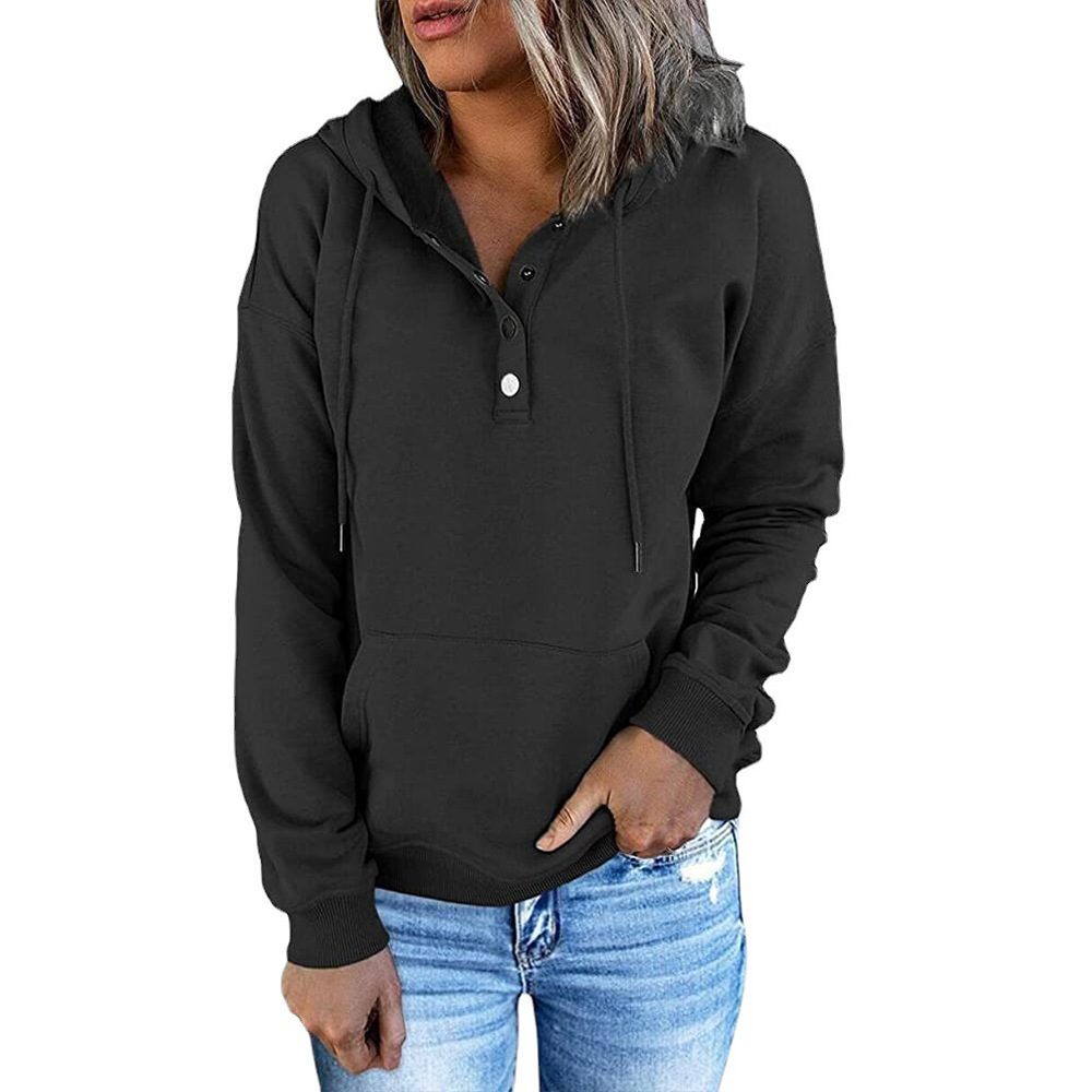 Long-sleeved Hooded Sweatshirt With Pockets Fashion Casual Button Drawstring Design Hoodie Top Spring And Autumn Sports Clothing For Women – Black