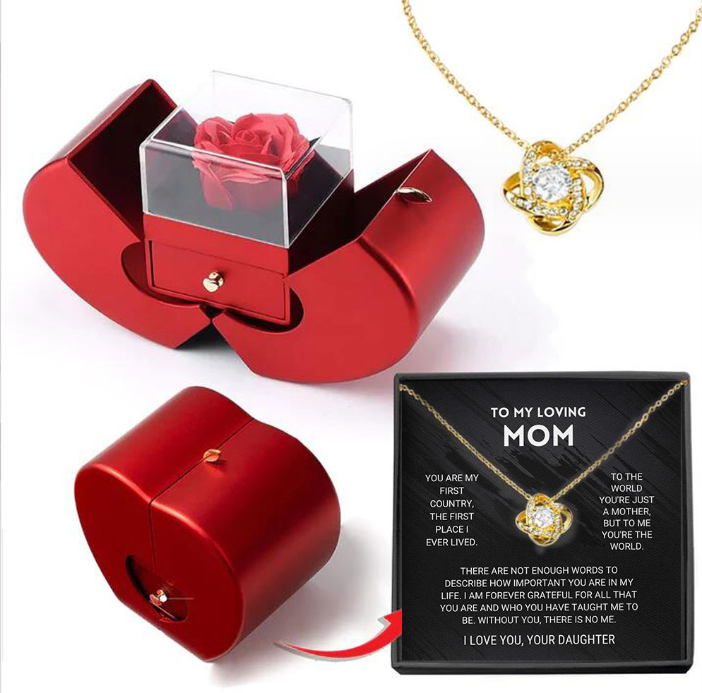 Fashion Jewelry Box Red Apple Christmas Gift Necklace Eternal Rose For Girl Mother's Day Valentine's Day Gifts With Artificial Flower Rose Flower Jewelry Box – Necklace Gold Card Apple Box