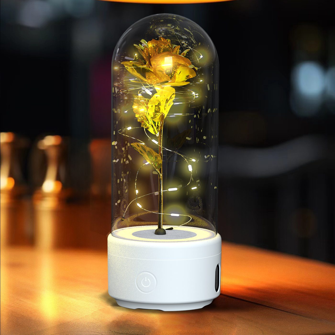 Creative 2 In 1 Rose Flowers LED Light And Bluetooth-compatible Speaker Valentine's Day Gift Rose Luminous Night Light Ornament In Glass Cover – White Base Gold Flower