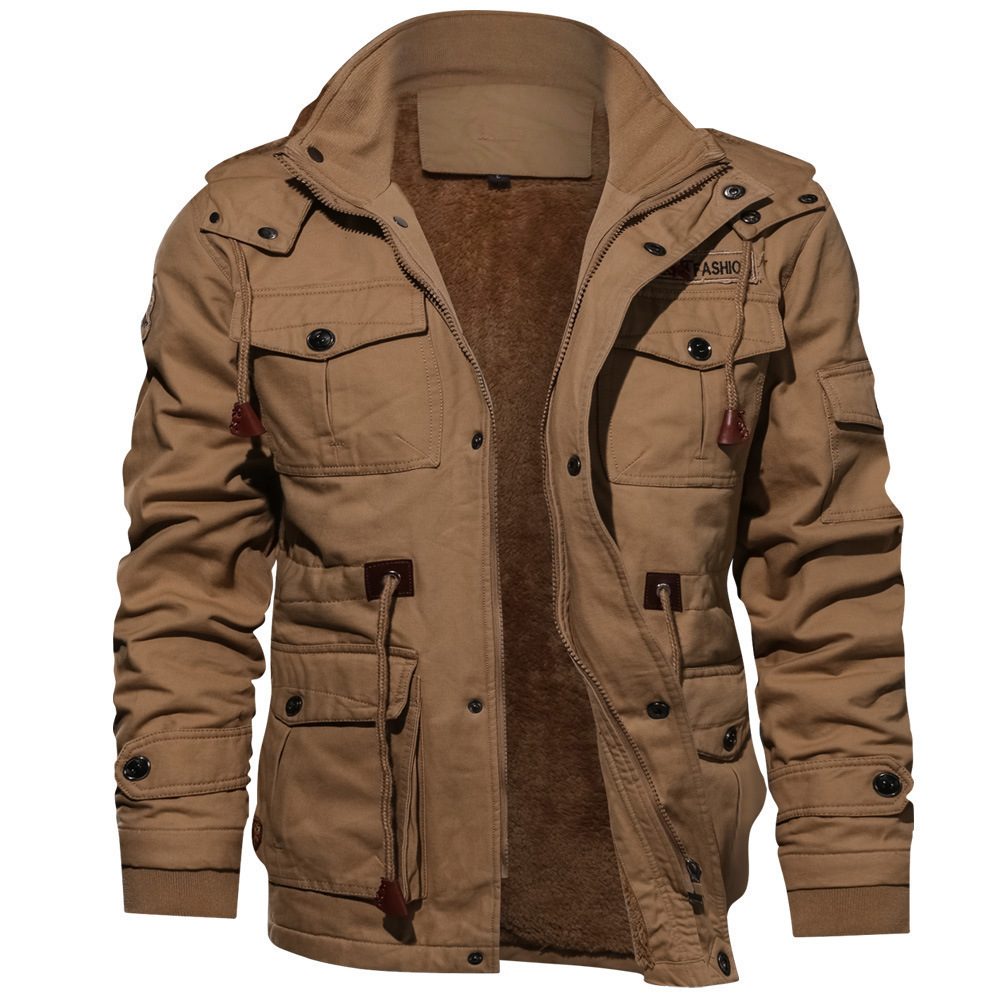 Winter Zip-up Coat Warm Thickened Detachable Hooded Jacket Multi-pocket Button Drawstring Long Sleeve Tops Men's Cargo Clothing – Khaki