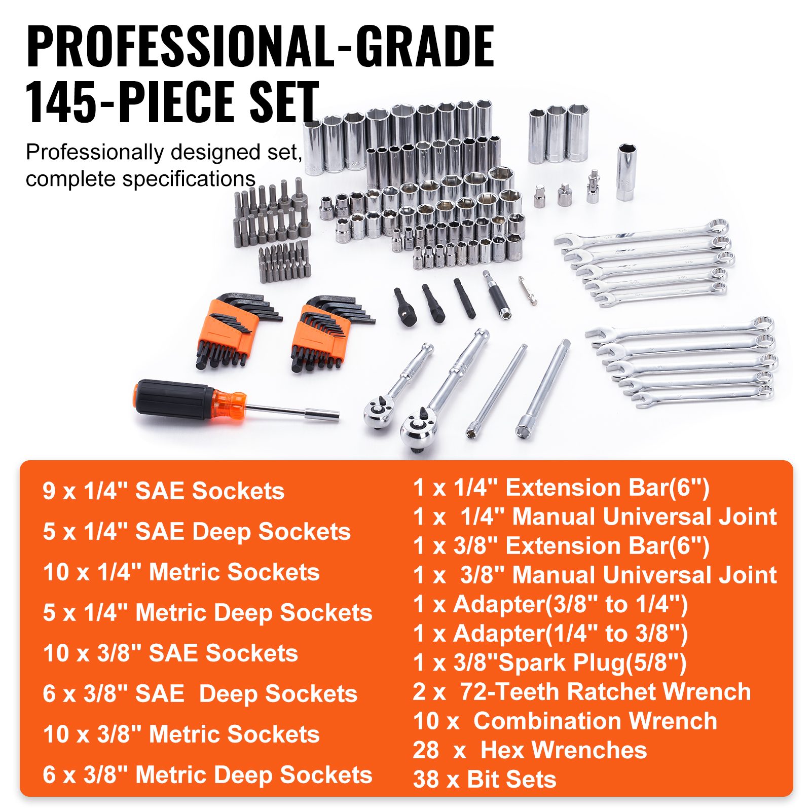 VEVOR Mechanics Tool Set And Socket Set, Drive Deep And Standard Sockets, 145 Pcs SAE And Metric Mechanic Tool Kit With Bits, Combination Wrench, Hex Wrenches, Accessories, Storage Case – view 4