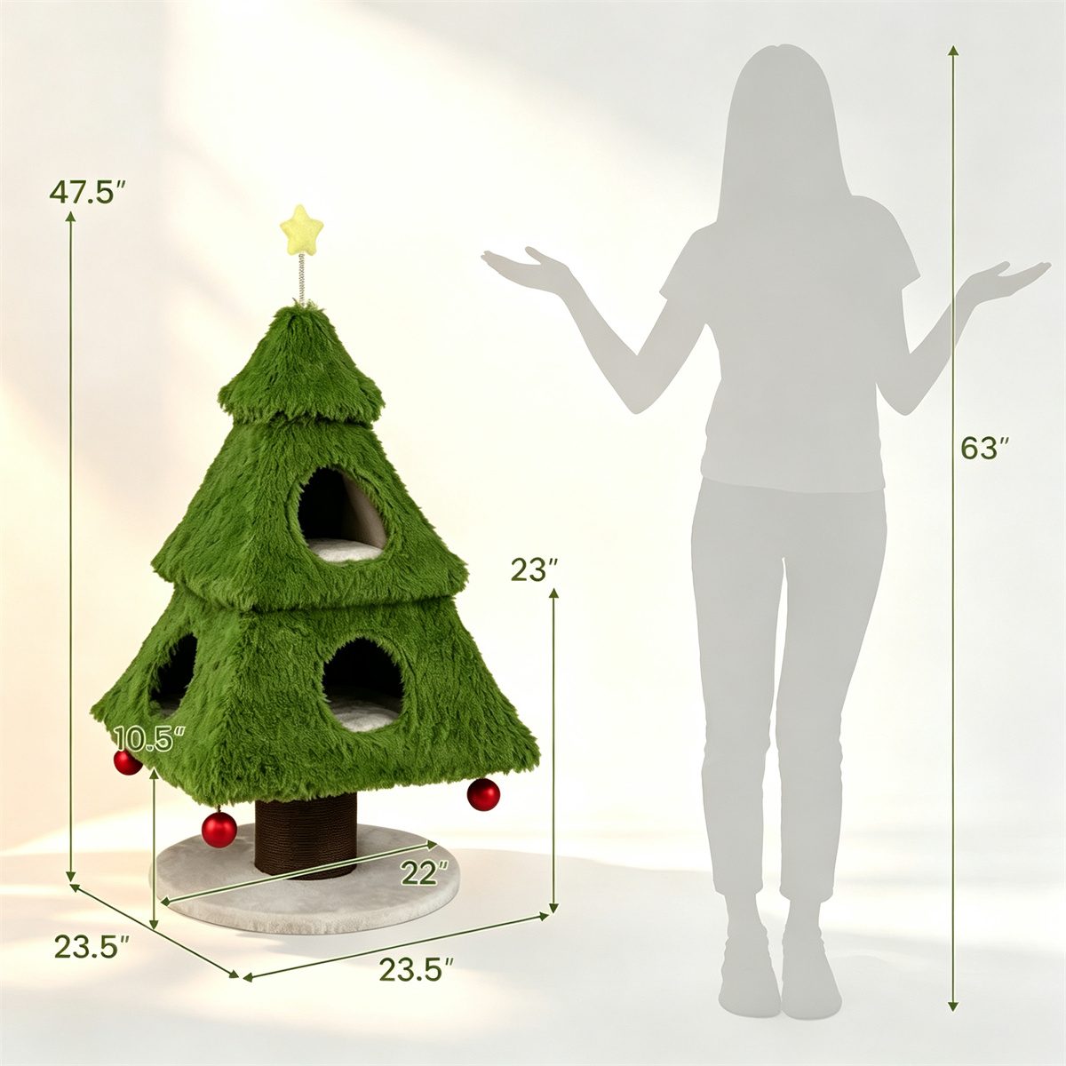 3-Tier Christmas Cat Tree Tower, Stable Pyramid Frame Cat Furniture With Dual Access Condo, Paper Rope Scratching Post, Interactive Star & Dangling Balls – view 2
