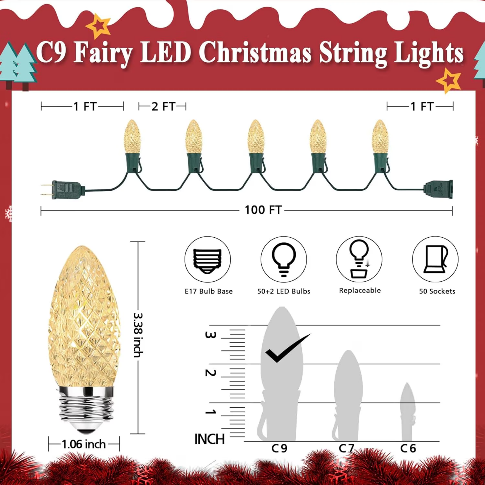 100 FT 50 LED Indoor Outdoor Christmas String Light For House Roof Patio Tree, Warm White – A
