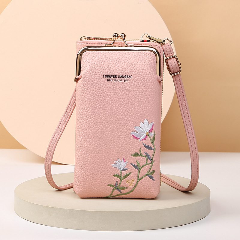 Flower Embroidery Phone Bag With Lock Buckle Outdoor Long Wallet Fashion Shoulder And Crossbody Bags – Pink