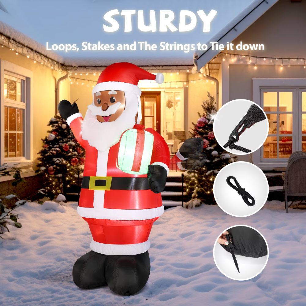 7 FT Lighted Black Santa Inflatable, Holding Gift, Blow Up Yard Decor With Built-in LED Lights – view 5
