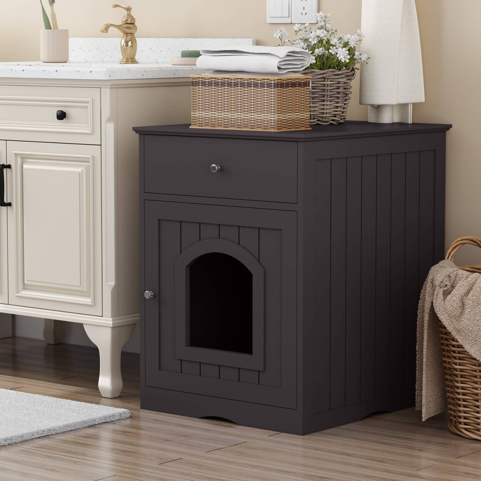 Wooden Pet House Cat Litter Box Enclosure With Drawer, Side Table Indoor Pet Crate – view 3