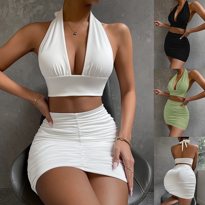 2pcs Dress Suits For Women Halter Lace-up Hip Top And Pleated Hip-covering Skirt – view 6