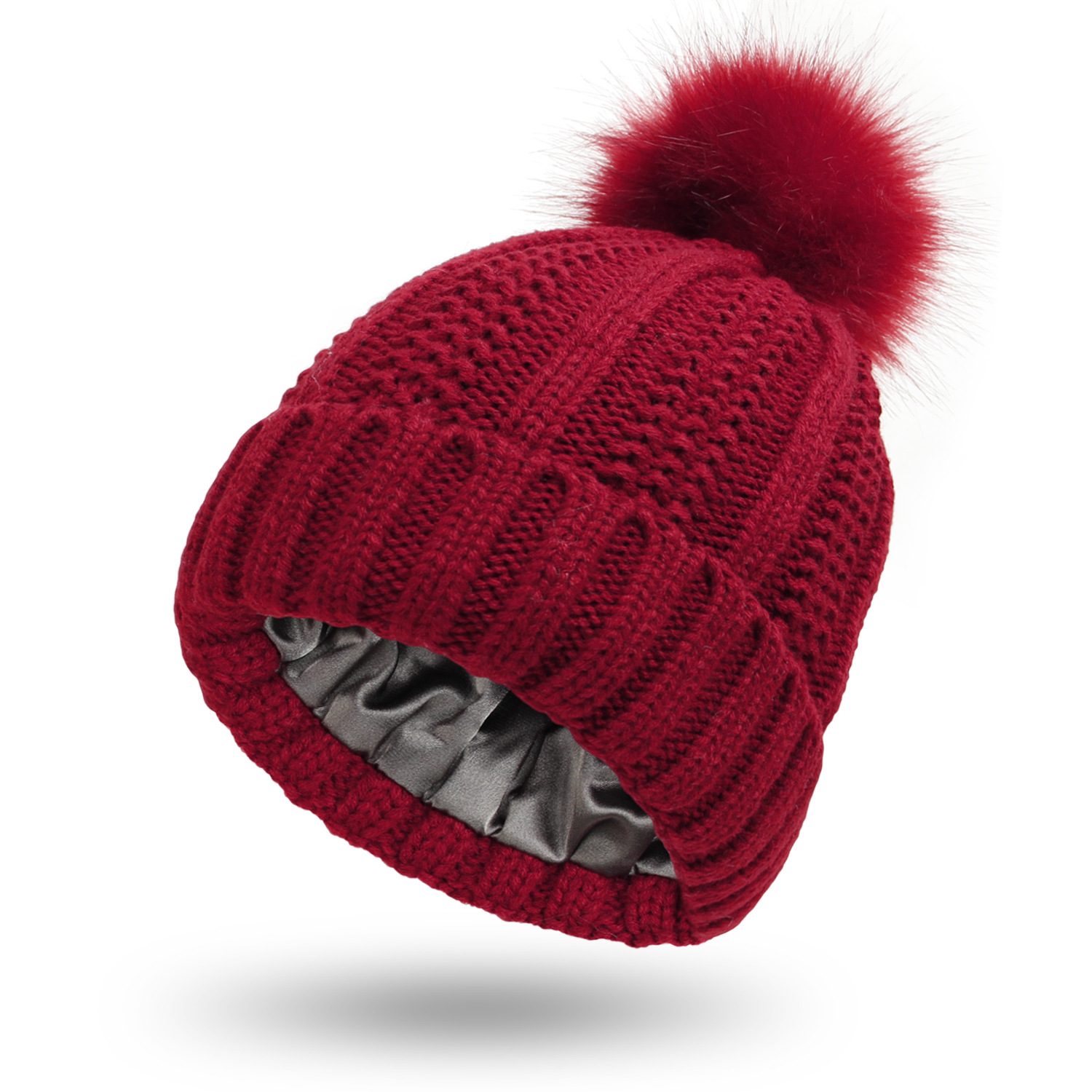 Winter Knitted Hats Fashion Stretchy Lined Skull Hats For Women Faux Fur Pom Pom Hat Keep Warming Beanie Hat – Wine Red
