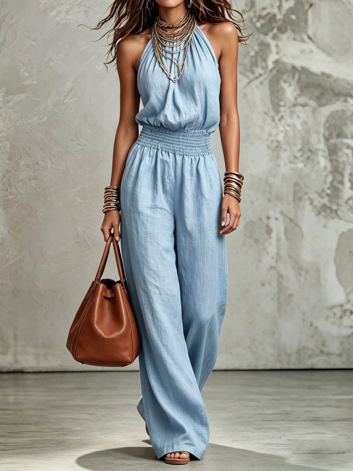 Womens Sleeveless Jumpsuit Backless Lace-up Halter Overall Pants Wide-leg Straight Onesie Trousers – Light Blue
