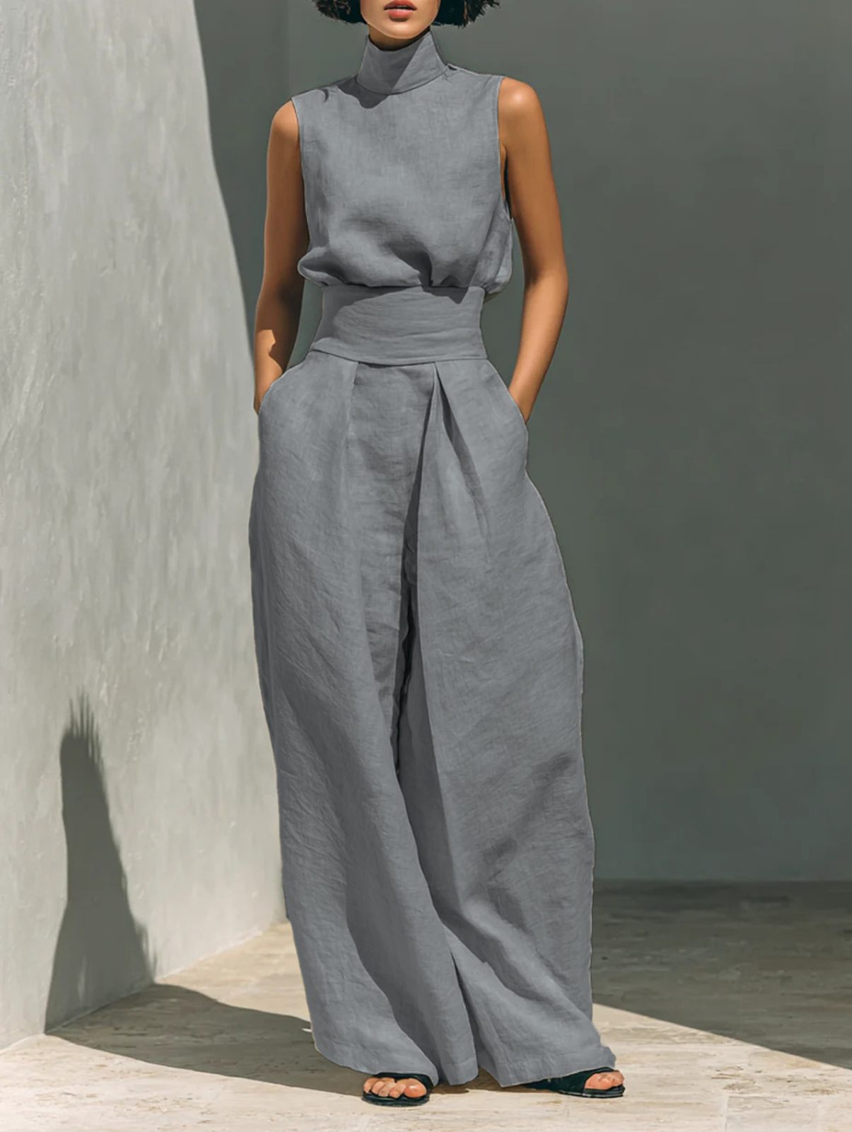 Casual Sleeveless Suit Summer Stand-up Collar Pullover Top And Loose Straight-leg Trousers Women's Clothing – Grey