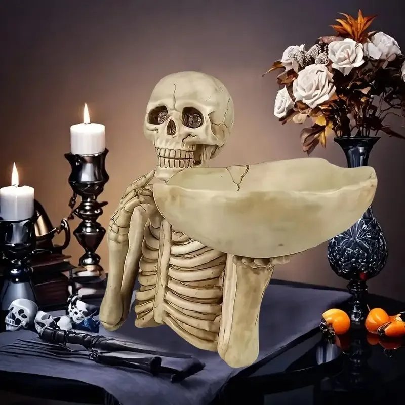 Skull Tray Ornament With Bowl Unique Skeleton Design For Indoor & Outdoor Decor, Perfect For Halloween, Day Of The Dead, Or Gothic Themed Rooms, Creative Room Decoration – view 7
