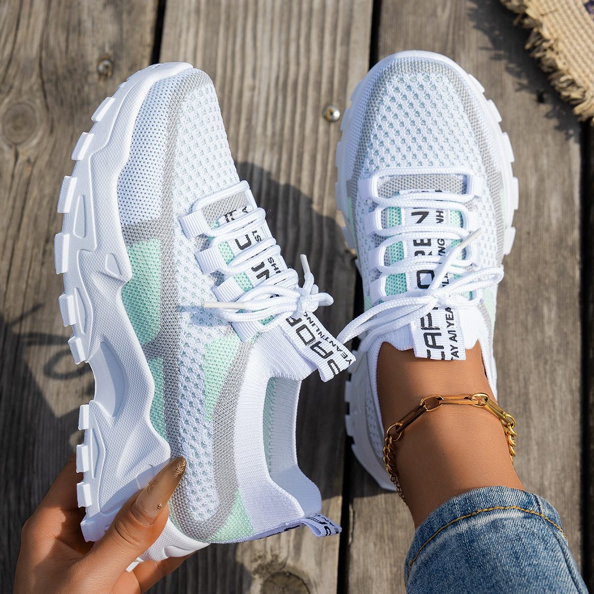 Flyknit Mesh Shoes Women's Breathable Lace-up Sneakers Walking Running Casual Shoes – White Green Gray