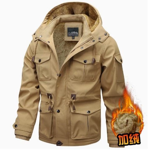 Winter Zip-up Coat Warm Thickened Detachable Hooded Jacket Multi-pocket Button Drawstring Long Sleeve Tops Men's Cargo Clothing – Khaki2