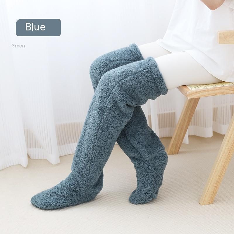 Over Knee High Fuzzy Long Socks Winter Warm Cold Leg Knee Joint Cold-proof Stockings Home Floor Sleeping Socks – Blue
