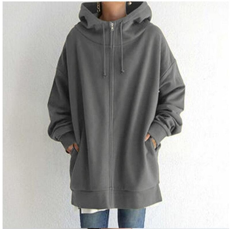 Oversized S-5XL Women Loose Hooded Coats Autumn Female Tie Collar Long Sleeve Zipper Up Add Velvet Long Sweatshirt – Grey