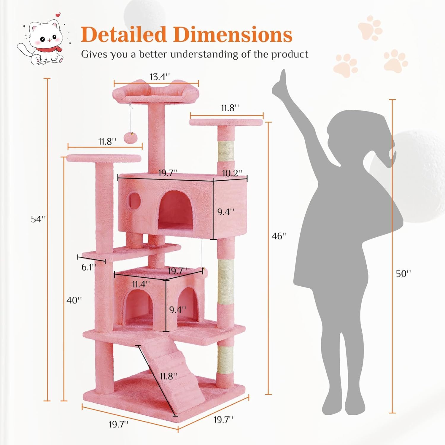 54 -Cat Tree Tower - Multi-level With Sisal Grab Post, Indoor Apartment With Ladder, Plush Toys, Rest And Play – Pink