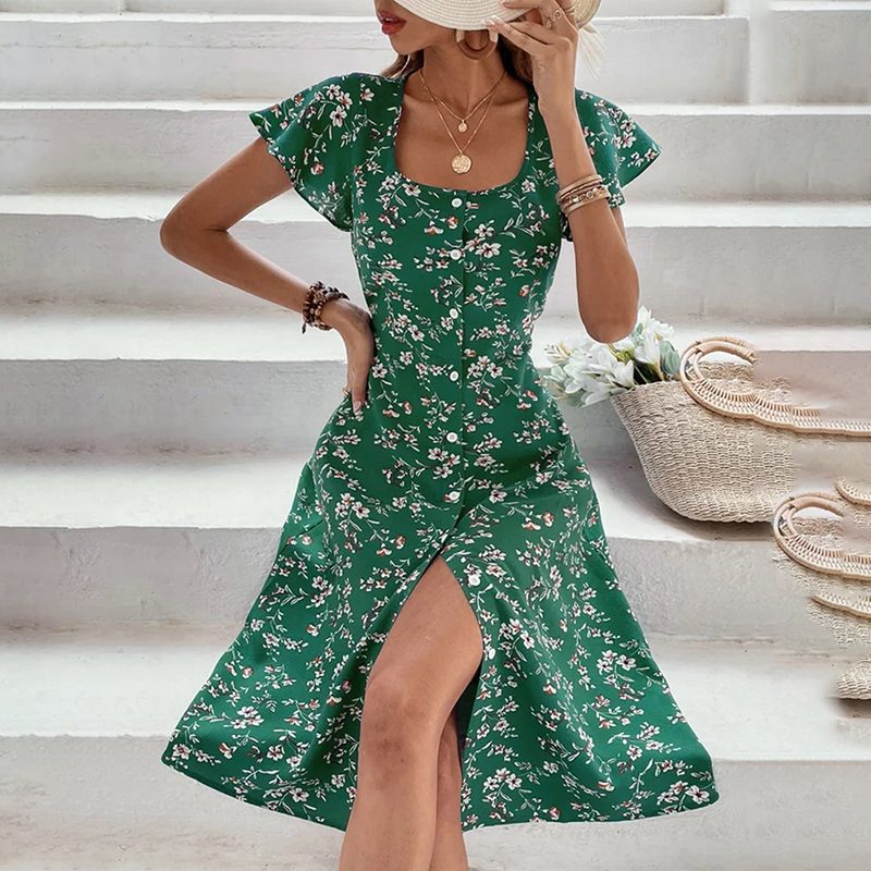 Summer Floral Print Maxi Dress Women Button Up Split Long Flowy Bohemian Beach Party Dresses – Green