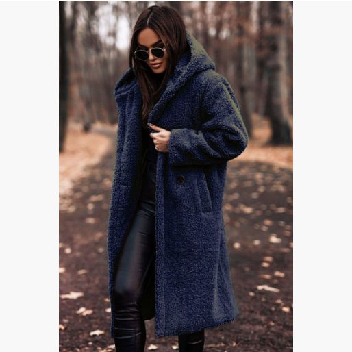 Elegant Long Coat Woman Plush Warm Faux Fleece Coat Autumn Winter Fashion Teddy Jacket Female Teddy Coat Outwear Ladies – Dark blue