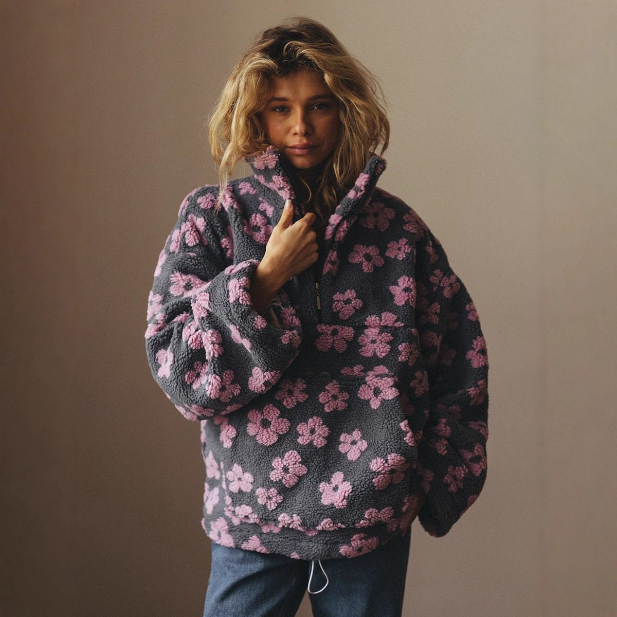 Winter Flowers Lambskin Sweatshirt With Big Pocket Casual Loose Zip-up Lapel Pullover Top Women's Clothing – view 12