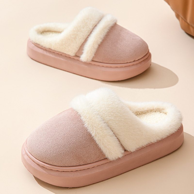 Fashion Warm Cotton Slippers For Women Leisure Thick Bottom Non-slip Plus-velvet House Shoes Winter Bedroom Floor Suede Slipper – Pink