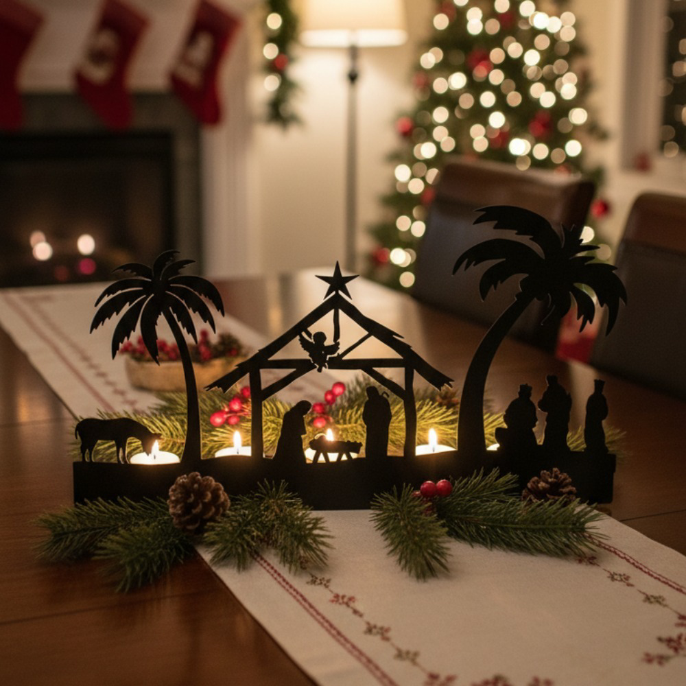 Farmhouse Rustic Advent Candle Holder Rustproof, Metal Nativity Candelabra for Mantel Table, 4-Cup Black Iron Design, Vintage Christmas Centerpiece – view 4