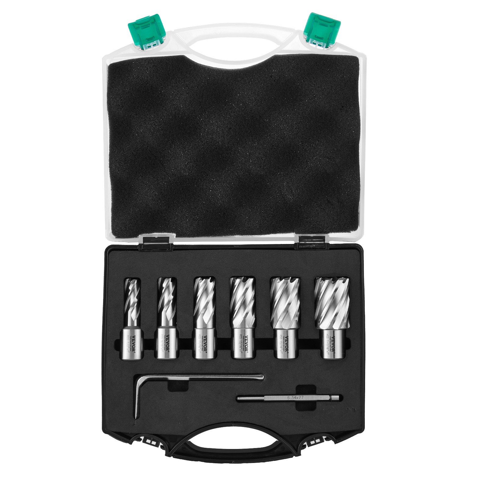 Annular Cutter Set, 6 Pcs Weldon Shank Mag Drill Bits, 1 2 To 1-1 16 Cutting Diameter, 1 Cutting Depth, M2AL High-Speed Steel, With Pilot Pin And Portable Case, For Using With Magnetic Drills – Black