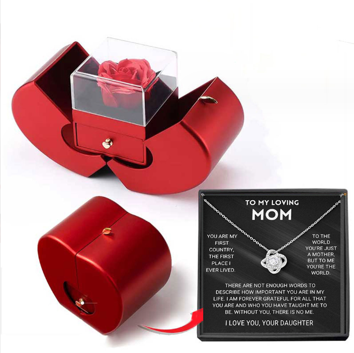 Fashion Jewelry Box Red Apple Christmas Gift Necklace Eternal Rose For Girl Mother's Day Valentine's Day Gifts With Artificial Flower Rose Flower Jewelry Box – Necklace Silver Apple Box