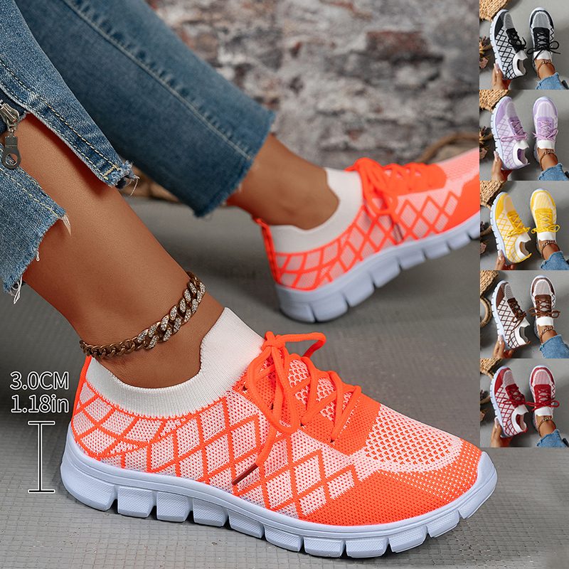 Colorblock Plaid Lace-Up Flyknit Sneakers Ins Mesh Casual Shoes Fashion Breathable Walking Running Sports Shoes For Women – view 8
