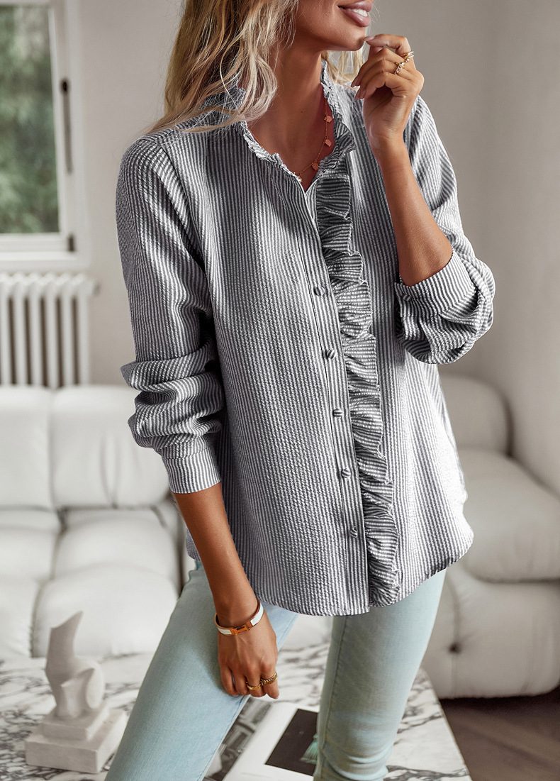 Striped Long Sleeve Shirt Fashion Ruffle Design Button Up Tops Casual Office Blouse Elegant Commuting Women's Clothing – Black