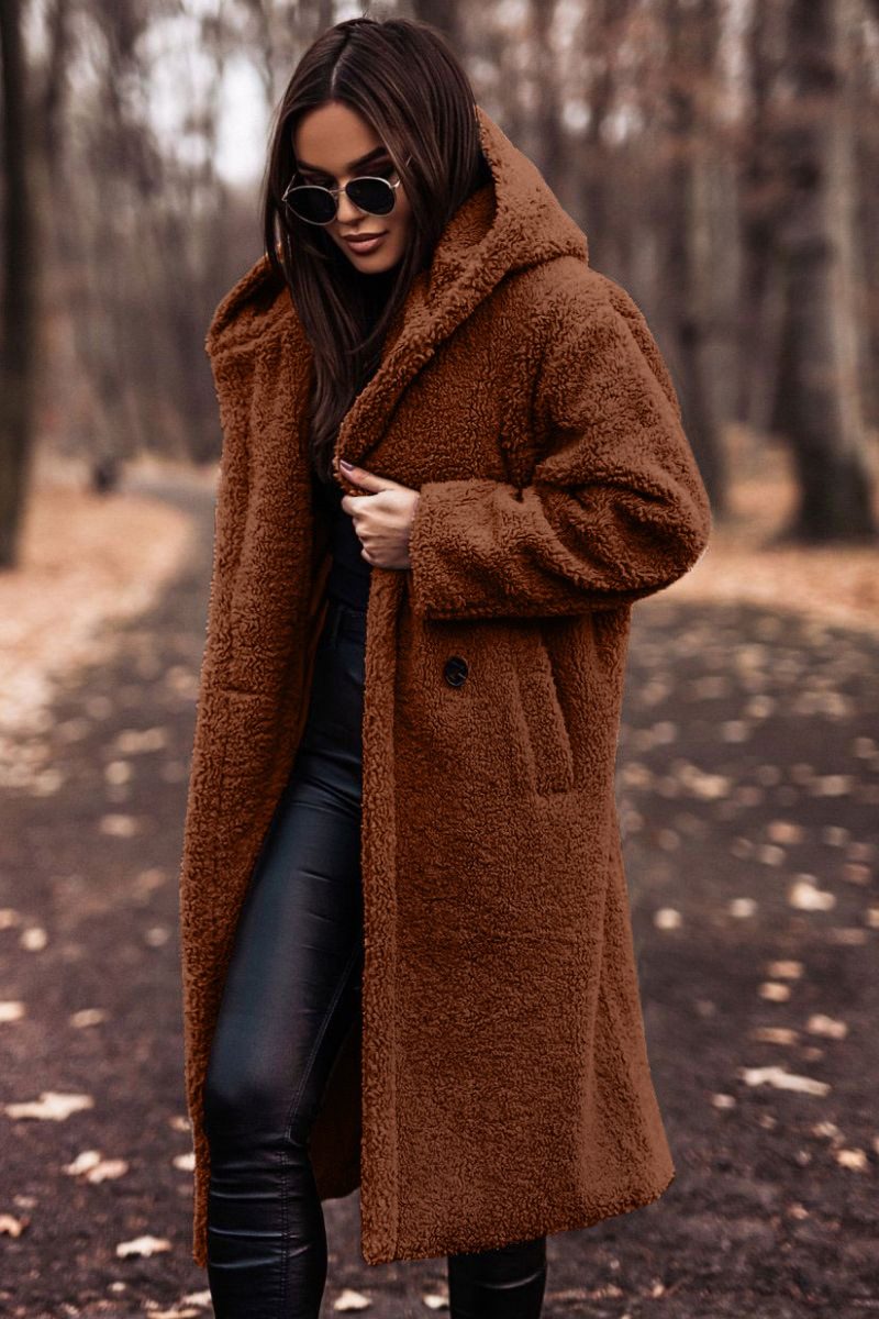 Elegant Long Coat Woman Plush Warm Faux Fleece Coat Autumn Winter Fashion Teddy Jacket Female Teddy Coat Outwear Ladies – Reddish brown