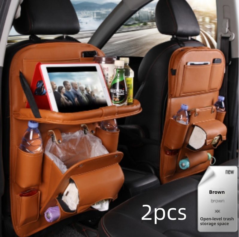 PU Leather Car Storage Bag Multifunction Seat Back Tray Hanging Bag Waterproof Car Organizer Automotive Interior Accessories – Brown 2pcs