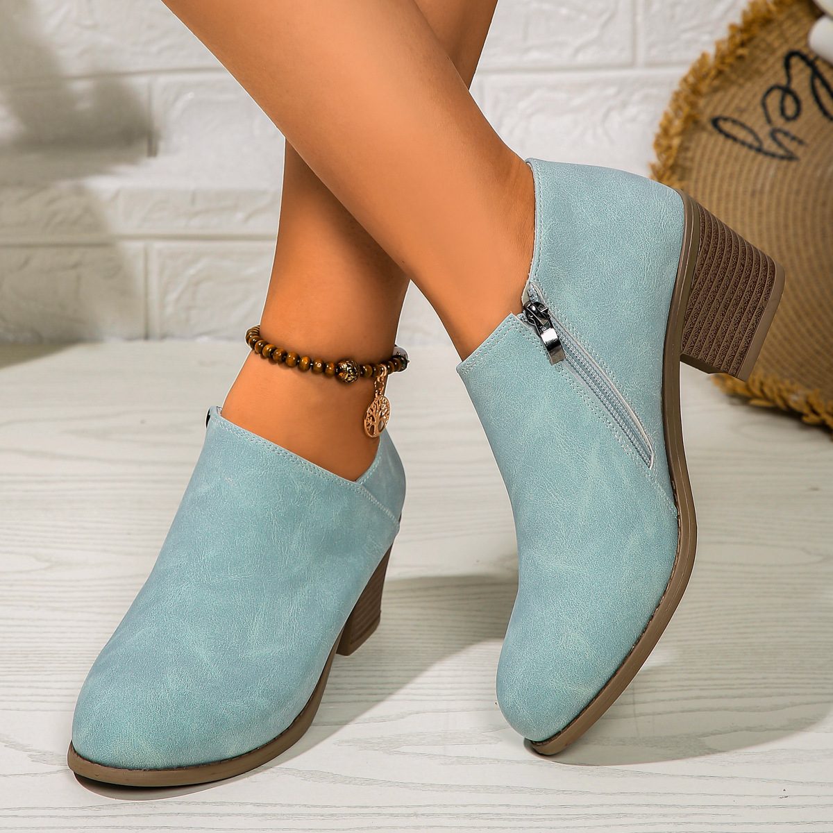 Chunky Heel Round Toe Ankle Boots With Side Zipper Design Fashion Fall Winter Short Boots For Women Shoes – Blue
