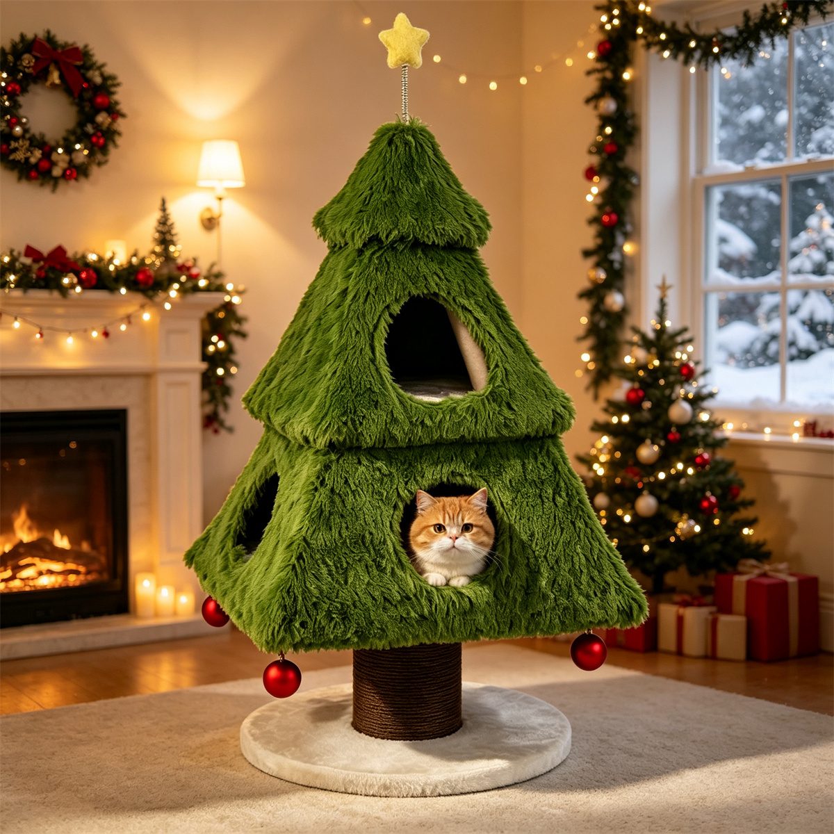 3-Tier Christmas Cat Tree Tower, Stable Pyramid Frame Cat Furniture With Dual Access Condo, Paper Rope Scratching Post, Interactive Star & Dangling Balls – view 6