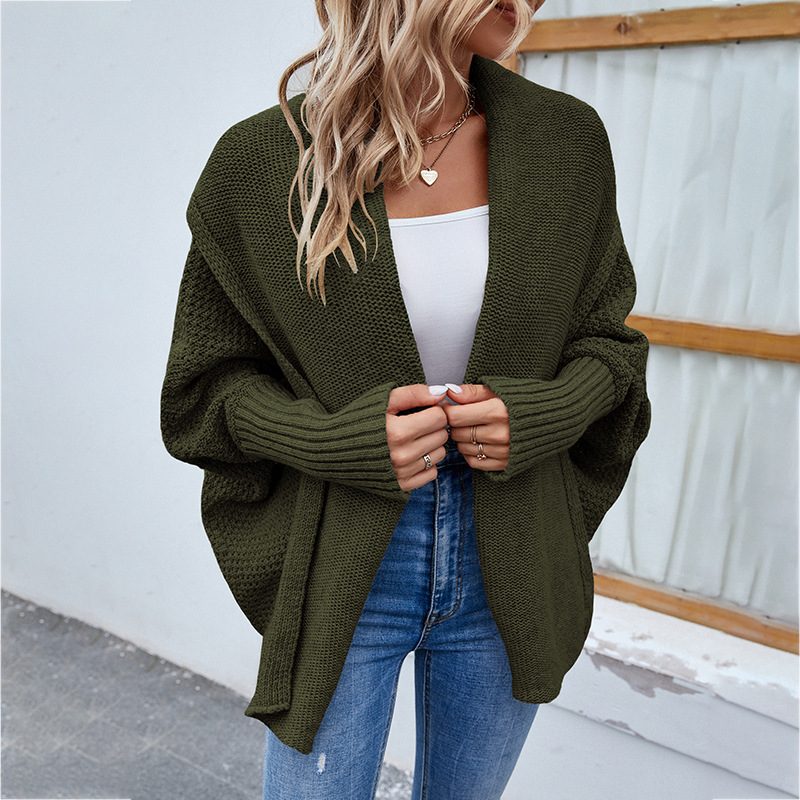 New Loose Knitted Sweater Solid Color Bat Sleeve Large Lapel Cardigan Autumn And Winter Fashion Jacket For Women Clothing – Army Green