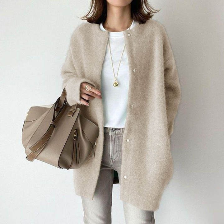 Loose Round Neck Single Breasted Cardigan Fashion Solid Color Coat Jacket Autumn And Winter Women's Clothing – Beige Apricot Knitted Material