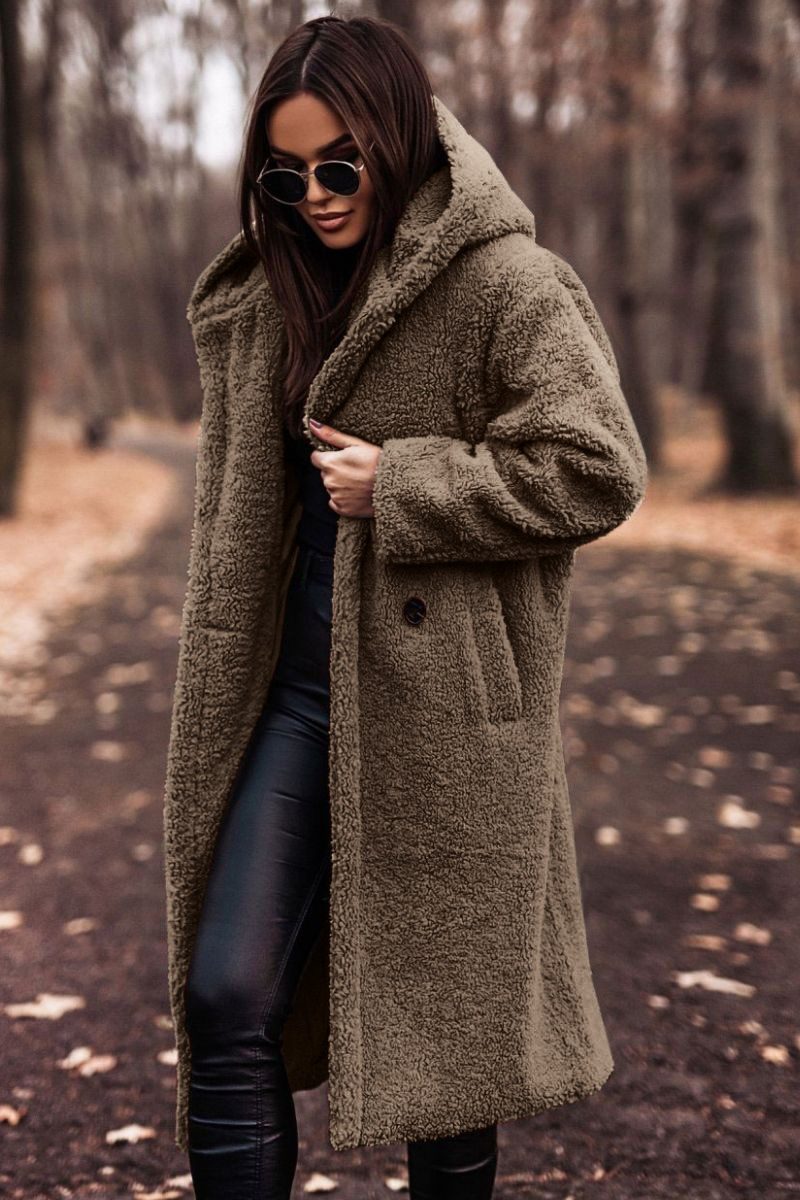 Elegant Long Coat Woman Plush Warm Faux Fleece Coat Autumn Winter Fashion Teddy Jacket Female Teddy Coat Outwear Ladies – Khaki