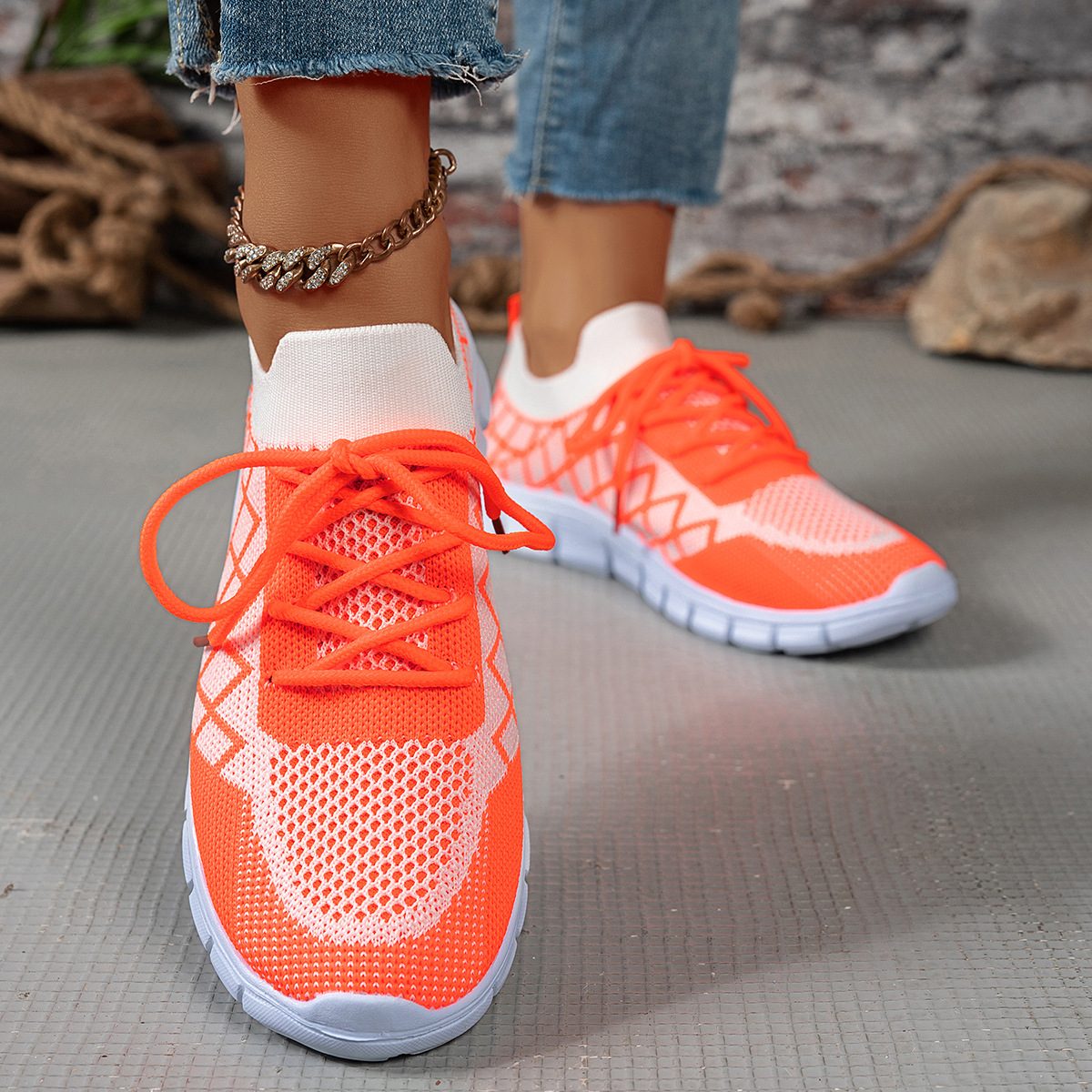 Colorblock Plaid Lace-Up Flyknit Sneakers Ins Mesh Casual Shoes Fashion Breathable Walking Running Sports Shoes For Women – view 10
