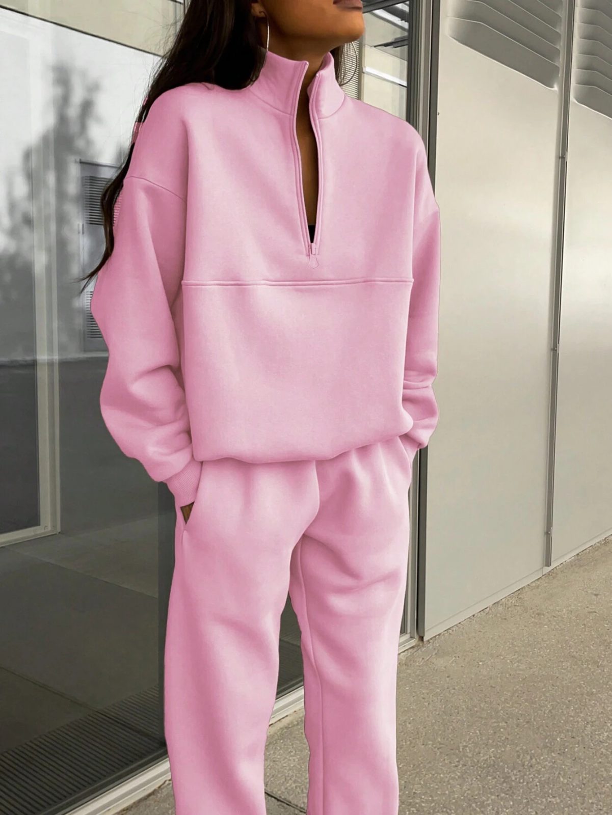 Long-sleeved Sports Sweatshirt Suit Fashion Stand-up Collar Zip-up Top And Elastic Band Trousers With Pocket Srping Fall Clothing For Women – Pink