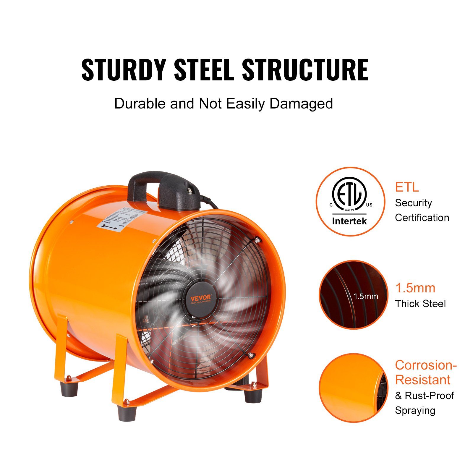 VEVOR Portable Ventilator, 12 Inch Heavy Duty Cylinder Fan With 16.4ft Duct Hose, 585W Strong Shop Exhaust Blower 3198CFM, Industrial Utility Blower For Sucking Dust, Smoke, Smoke Home Workplace – Orange
