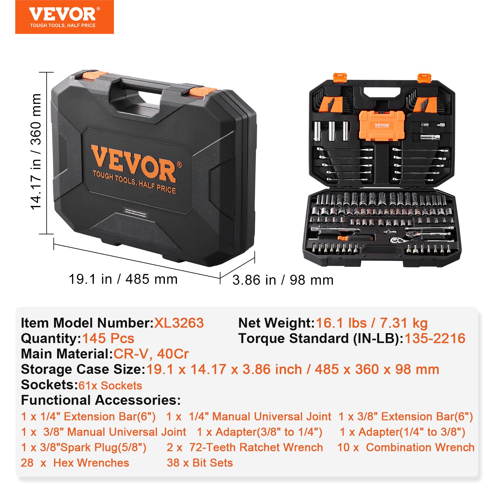 VEVOR Mechanics Tool Set And Socket Set, Drive Deep And Standard Sockets, 145 Pcs SAE And Metric Mechanic Tool Kit With Bits, Combination Wrench, Hex Wrenches, Accessories, Storage Case – view 9
