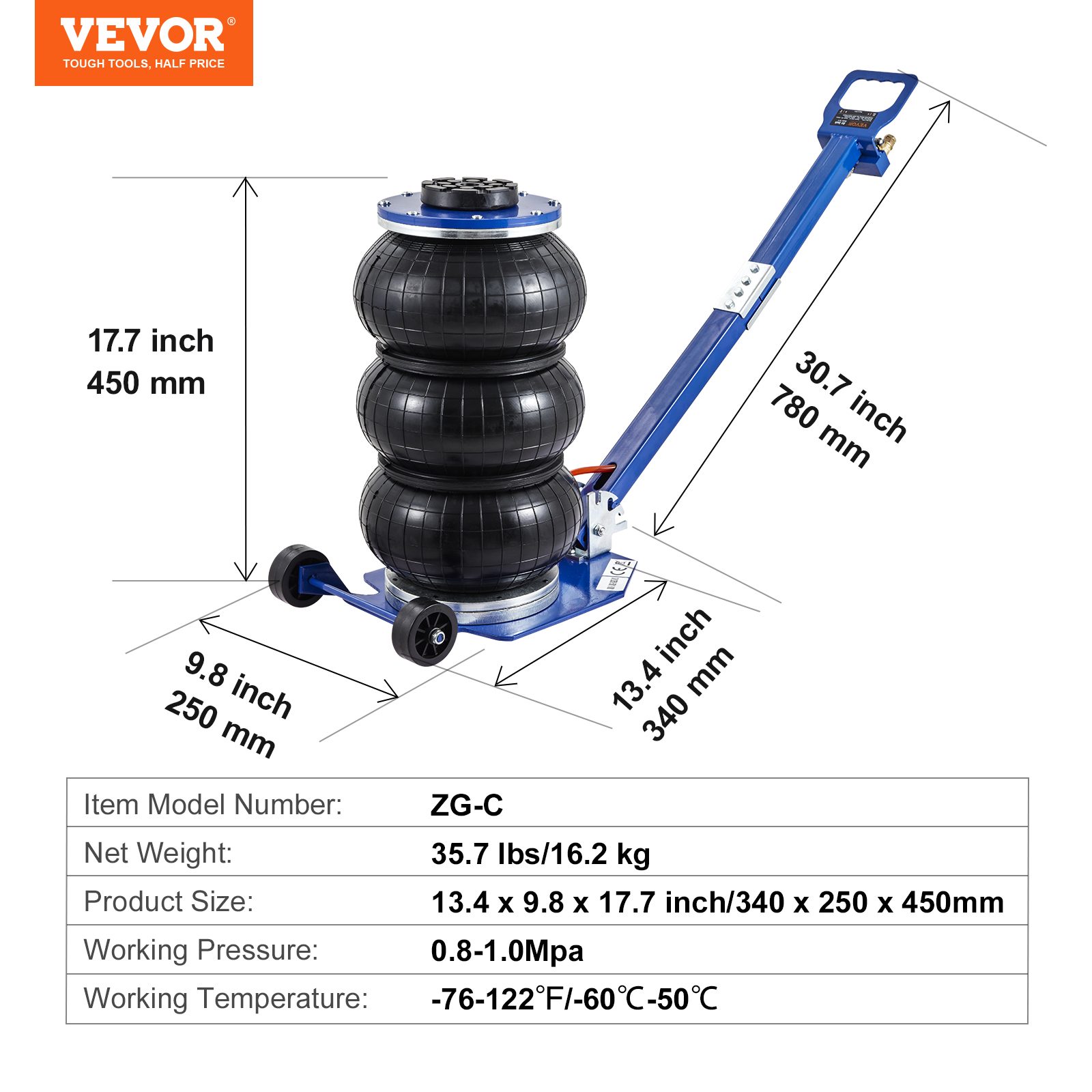 VEVOR Air Jack, 3 Ton 6600 Lbs Triple Bag Air Jack, Airbag Jack With Six Steel Pipes, Lift Up, 3-5 S Fast Lifting Pneumatic Jack, With Adjustable Long Handles For Cars, Garages, Repair Blue – view 3