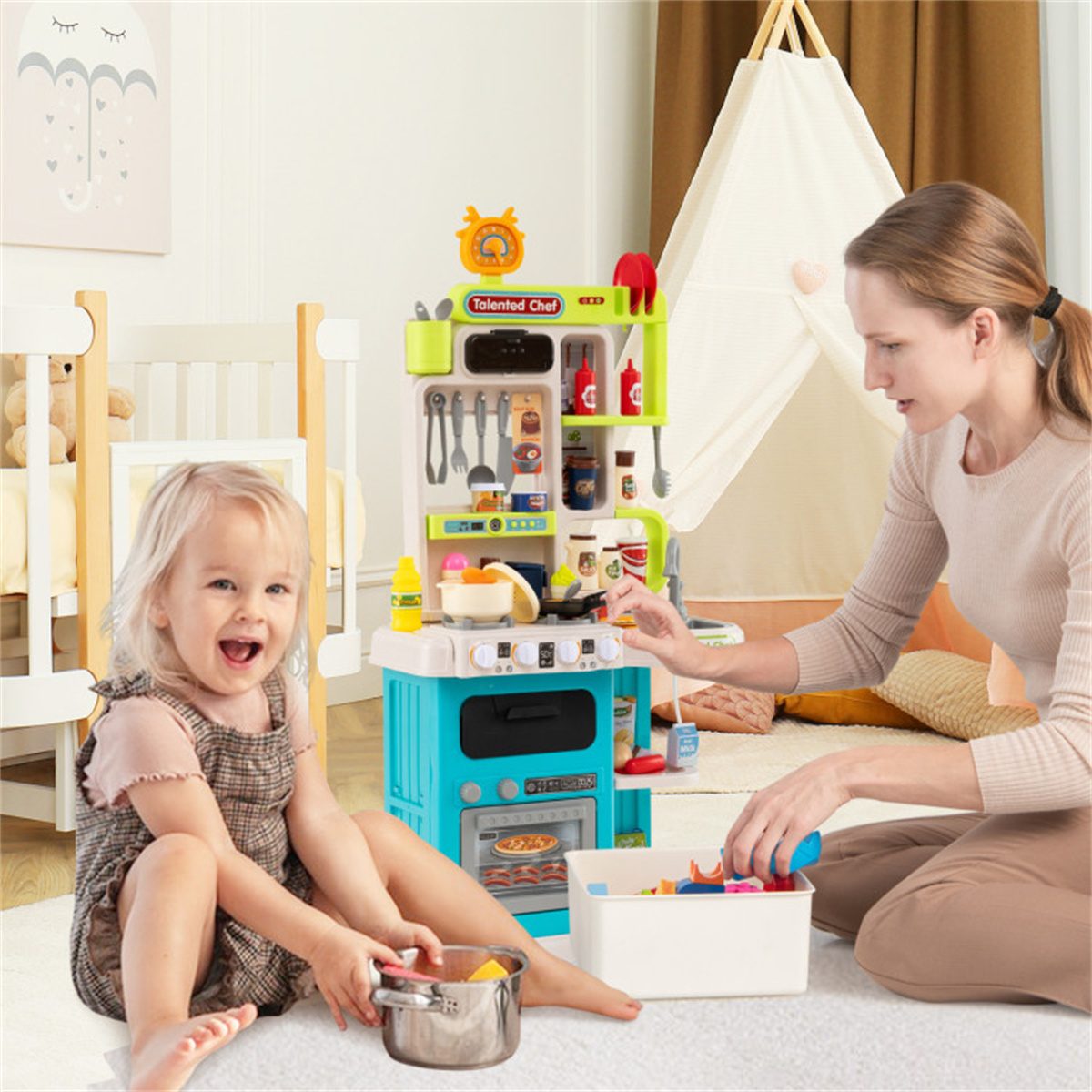 Blue Kids Corner Play Kitchen with Realistic Sounds, Lights & Steam, 95PCS Accessories Pretend Cooking Set for Ages 3+ – view 10
