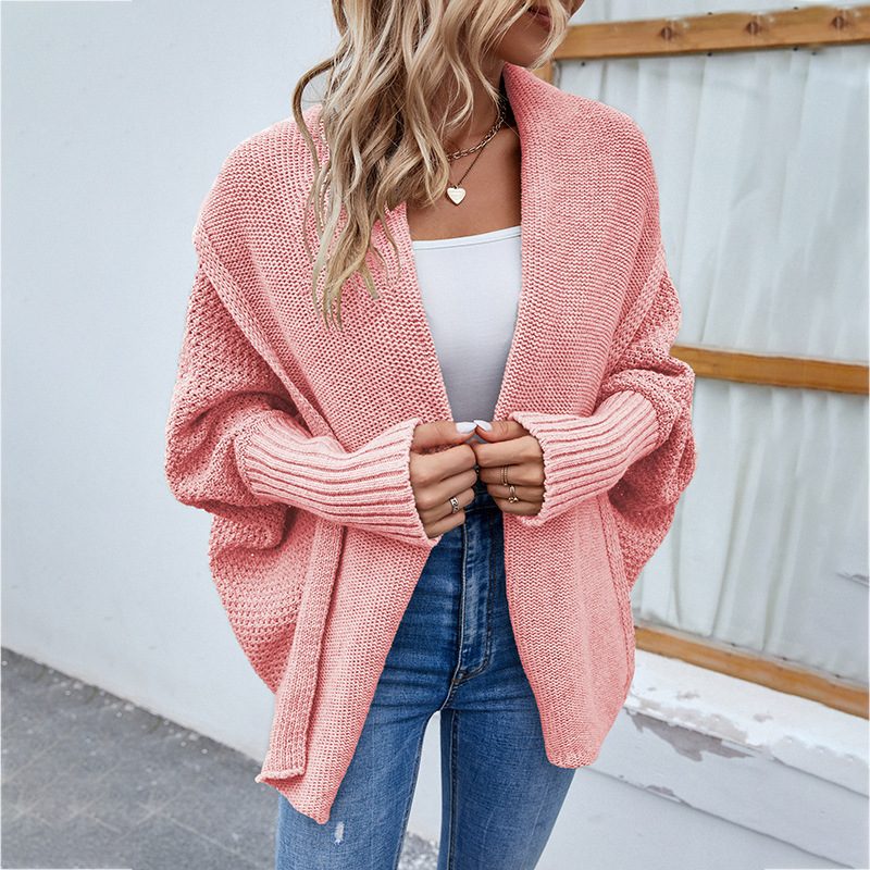 New Loose Knitted Sweater Solid Color Bat Sleeve Large Lapel Cardigan Autumn And Winter Fashion Jacket For Women Clothing – Pink