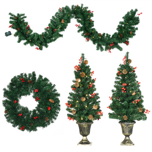 HOMCOM Prelit Holiday Christmas 4-Piece Set, Garland Wreath And Set Of 2 Entrance Trees With Warm White LED Lights, Red Berries, Pine Cones, Green – Green