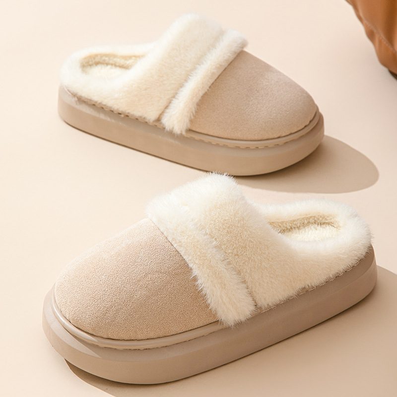 Fashion Warm Cotton Slippers For Women Leisure Thick Bottom Non-slip Plus-velvet House Shoes Winter Bedroom Floor Suede Slipper – Beige