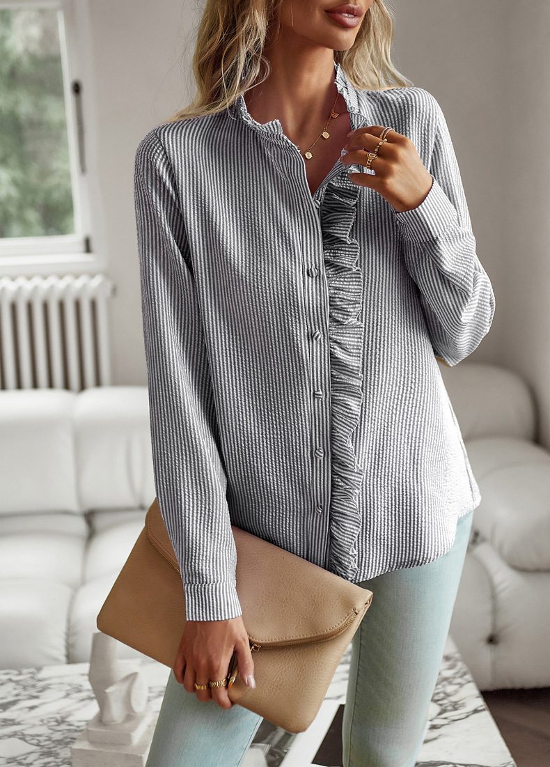 Striped Long Sleeve Shirt Fashion Ruffle Design Button Up Tops Casual Office Blouse Elegant Commuting Women's Clothing – view 11