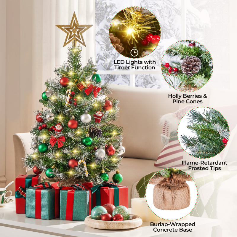 Set Of 2 2 FT Frosted Tabletop Christmas Trees With Warm White LED Lights, Pinecones & Berries, Green – view 2