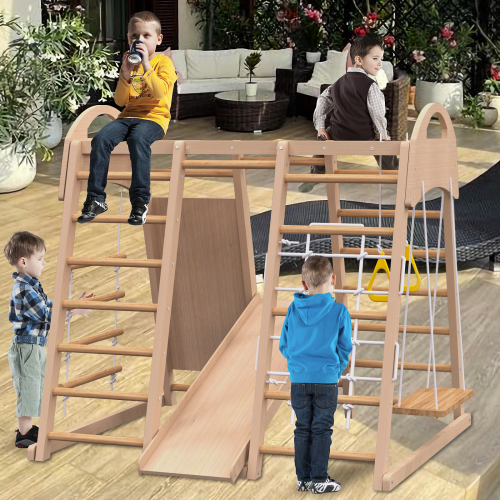 Indoor Playground 7-in-1 Jungle Gym Playset For Kids 2-6yrs - Slide, Climbing Wall, Rope Wall Climber, Monkey Bars, Swing - Waldorf And Montessori Style Wooden Climb Set. – view 2