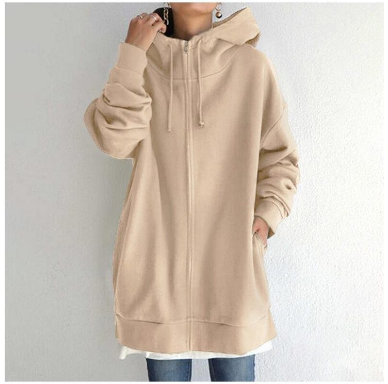 Oversized S-5XL Women Loose Hooded Coats Autumn Female Tie Collar Long Sleeve Zipper Up Add Velvet Long Sweatshirt – Khaki